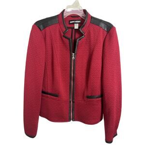 Gerry Weber Red Black Quilted Faux Leather Blazer Jacket 8 Moto Office Full Zip